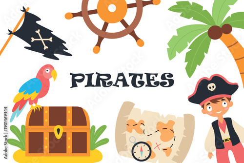 Cute pirate kids set with parrot, treasure chest and map