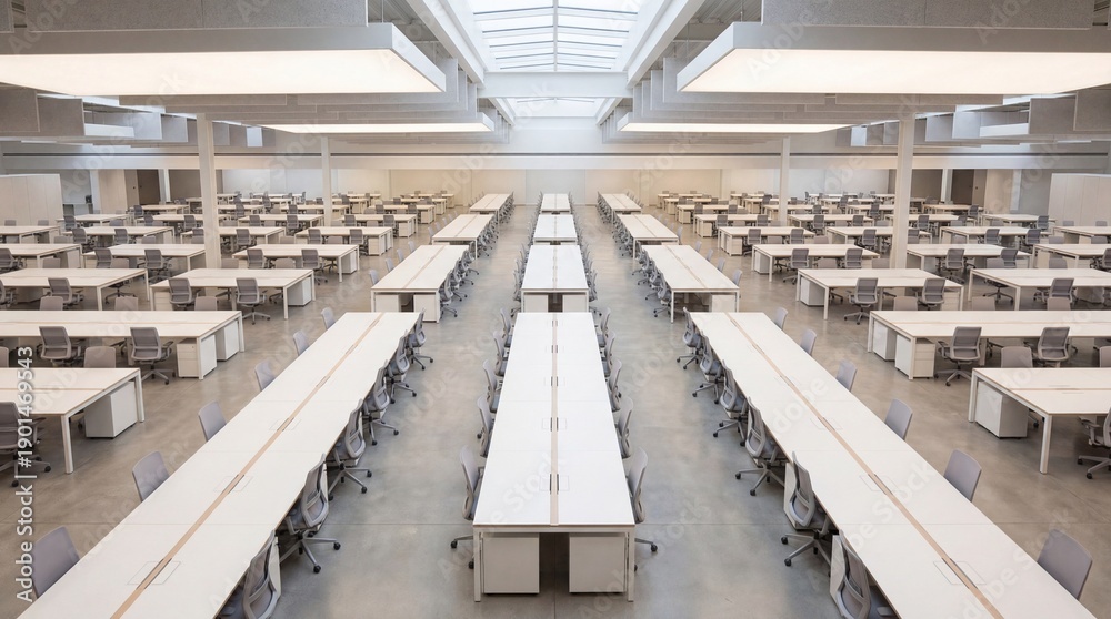 Fototapeta premium High Angle View of Massive Empty Open-Plan Corporate Office with Rows of White Desks