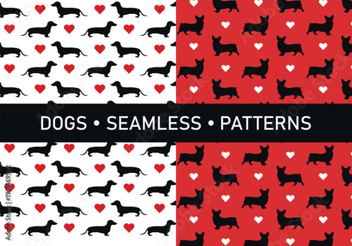 Set of seamless dog patterns with dachshund silhouettes and hearts. Cute romantic pet backgrounds