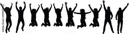 Black silhouettes of people jumping with arms raised
