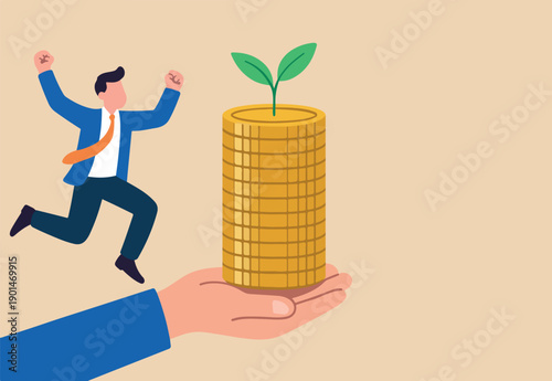 Compound interest, money growth investment, prosperity or earning and profitability stock concept, happy businessman investor jumping on stack of growth compound money coins