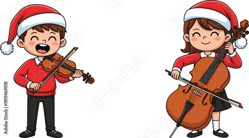 Cartoon children playing violin and cello wearing santa hats kids girl