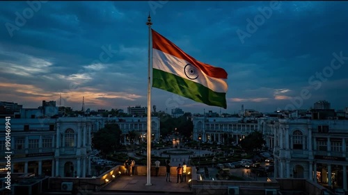 Large National Flag of India Waving at Connaught Place New Delhi During Blue Hour