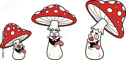 Cartoon fly agaric mushrooms with smiling faces red caps