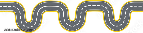 Gray road with white markings and yellow borders winding in a wavy pattern
