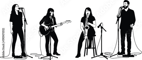 Musicians performing on stage with microphones and instruments band performance