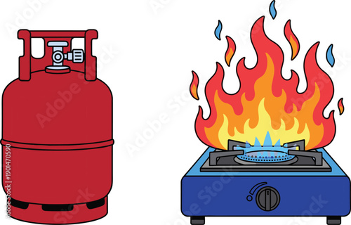 Red propane tank next to blue gas stove with large flame fire cooking