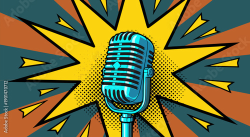 Retro Microphone Comic Book Style Illustration, Vintage Audio Equipment Vector Graphic