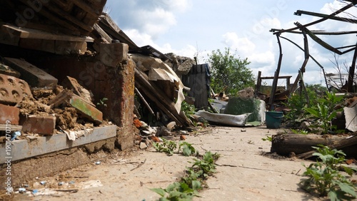 Tableau sur toile View to destroyed residential buildings at Kharkivska oblast