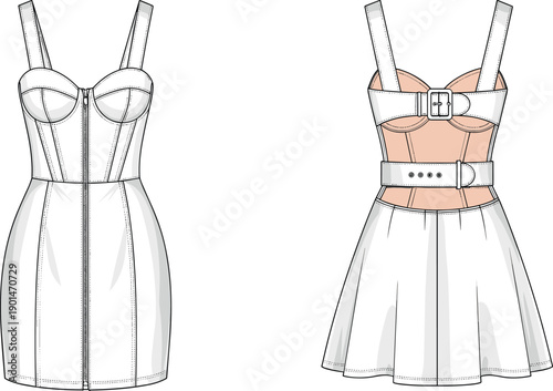 White dress with zipper and belt details dress zipper straps peach skin