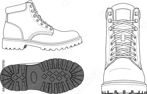 White leather work boot with laces and rugged sole from side and down views white leather boot side view