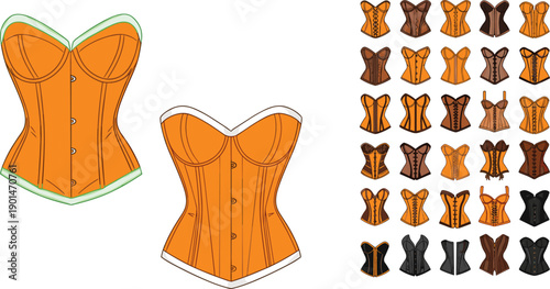 Various corset styles and in orange brown and black colors corsets lingerie underwear women's clothing