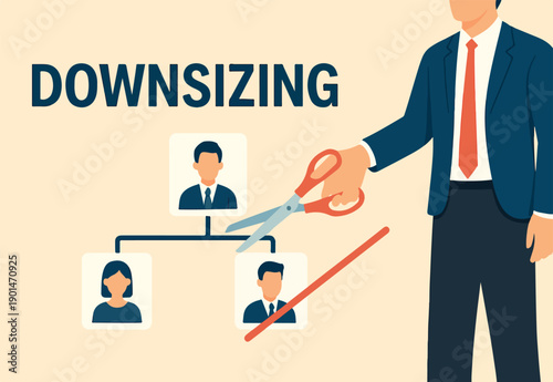 Downsizing or layoff employee, contract termination, loss job from redundancy, dismissal workforce, restructure company, unemployed or outsourcing, businessman hand cut job from organization chart.