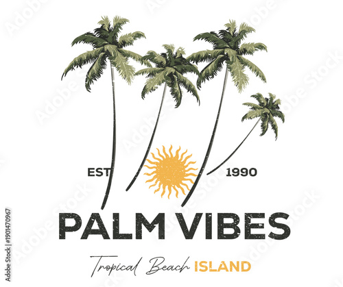 Abstract palm tree artwork. Summer good vibes vector graphic design for apparel, stickers, posters, background and others. Tropical beach island design. Sunshine paradise artwork.