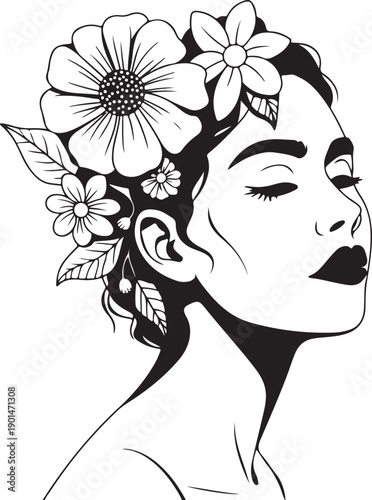 Black and white illustration of a woman with flowers in her hair  a beautiful female face with closed eyes and floral crown