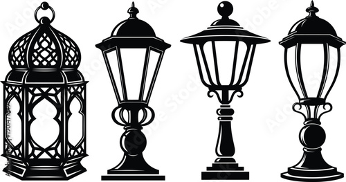 Silhouette of four distinctive lanterns or lamp posts in black