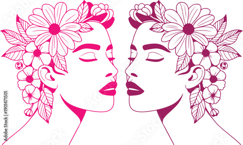 Two women with flowers in hair touching noses minimalist line art illustration in pink hues