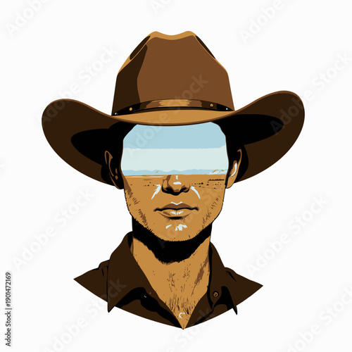 Surreal Portrait of a Cowboy with a Visual Landscape in Place of His Face Overlooking Desert Scenery