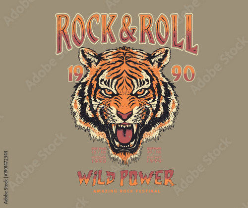 Animal rock and roll artwork for fashion and others.	Tiger rock and roll poster design. Fearless tiger print design. Wild at the heart vector.