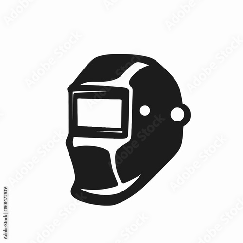 Illustration of a Welding Mask Silhouette Featuring a Distinct Rectangular Visor with Minimalistic Design Elements on a Plain White Background