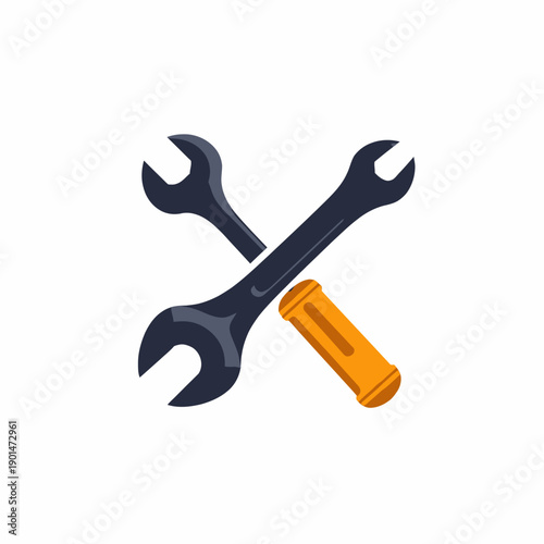Illustration featuring two crossed wrenches and an orange-handled screwdriver representing repair, maintenance, and mechanical work
