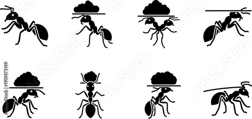 Silhouette of ants carrying various objects on their heads in different poses