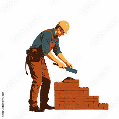 Construction worker laying red bricks to build a sturdy wall with precision, wearing safety helmet and utilizing a trowel on an isolated background