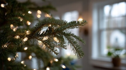 Soft focus fir tree branch with warm fairy lights indoors, cozy winter home decor and seasonal ambience, festive background for Christmas and New Year design