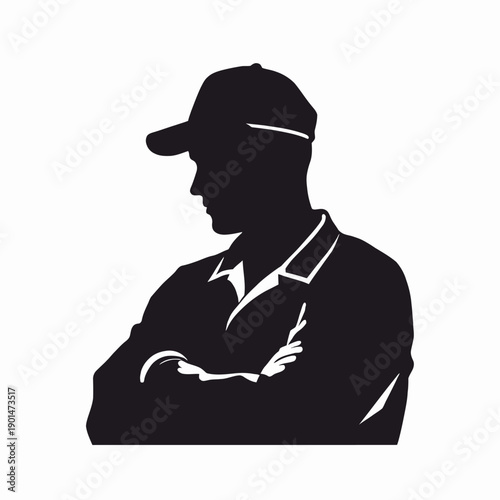 Monochrome Silhouette of Person in Cap and Collared Shirt with Arms Crossed Against a White Background Highlighting a Sense of Mystery and Contemplation