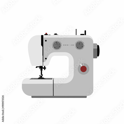 Illustration of a modern sewing machine with neutral colors and various adjustments, showcasing features for textile and garment crafting expertise