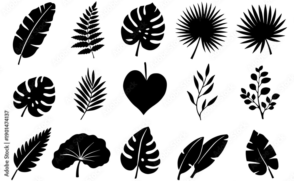 Obraz premium Tropical Leaf Silhouette Bundle Black Botanical Vector Set Monstera Palm Banana Jungle Leaves for Cricut Cutting Engraving Decor