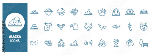 Alaska nature and wildlife line icon set