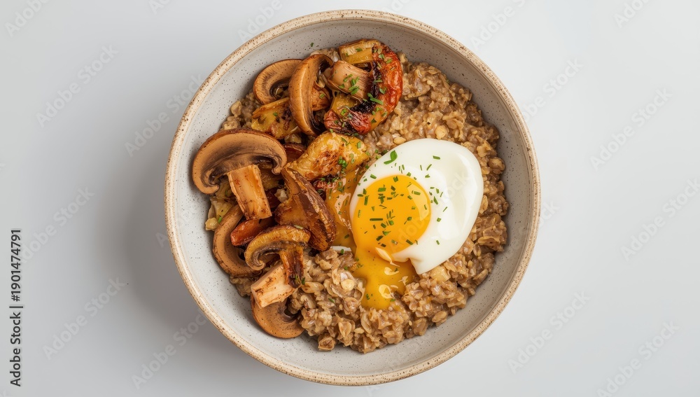 Obraz premium Hearty breakfast porridge. Oatmeal or spelt with poached egg, sautéed mushrooms, and herbs. Nutritious keto meal. Aerial perspective