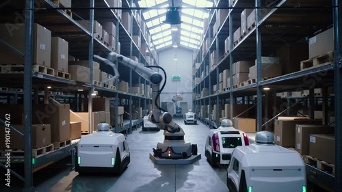 Automated robotic arm picking up cardboard box from conveyor belt. Smart warehouse logistics with autonomous mobile robots moving through storage aisles. Panning camera shot.