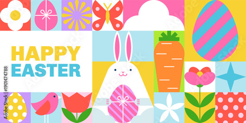 Happy Easter banner, poster, greeting card. Geometric background with colorful eggs, bunny. Holiday vector illustration