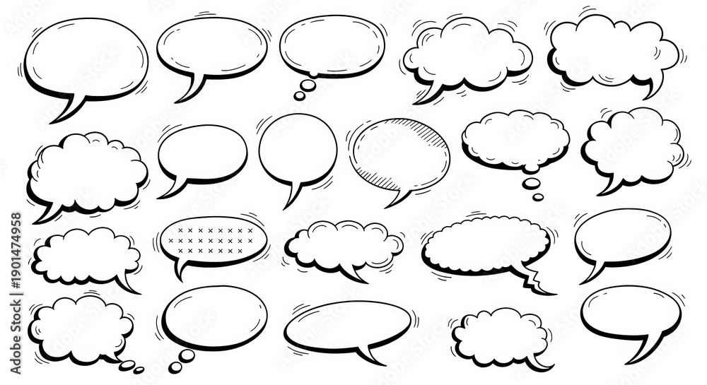 Fototapeta premium Collection of various speech bubbles in different shapes and sizes, featuring empty spaces for text, ideal for graphic design and communication projects with creative expression