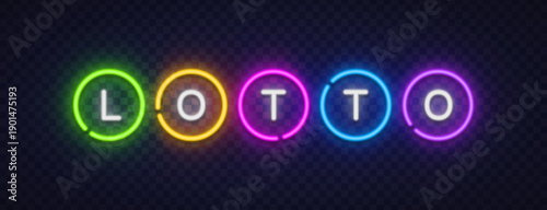 Bright neon lotto lettering made of glowing circular shapes on transparent background. Colorful casino style perfect for lottery branding, gambling visuals, or digital banners.