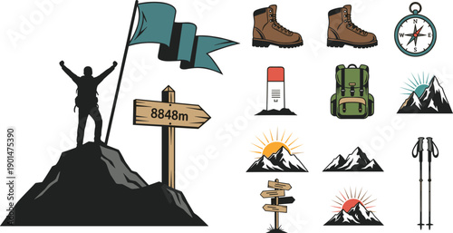 Silhouette climber on peak with flag and mountain gear climbing summit