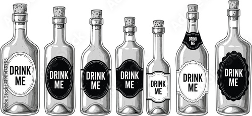 Glass bottles with drink me labels black and white bottles with corks various bottle shapes