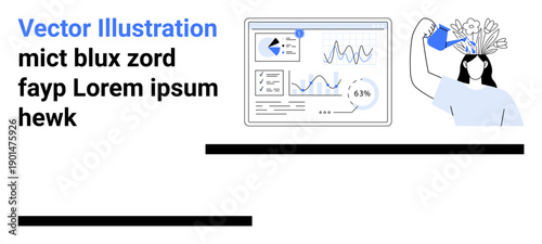 Data science, personal development, innovation, creativity, productivity, technology. Analytical charts and a person watering their mind with flowers. Data science and personal development