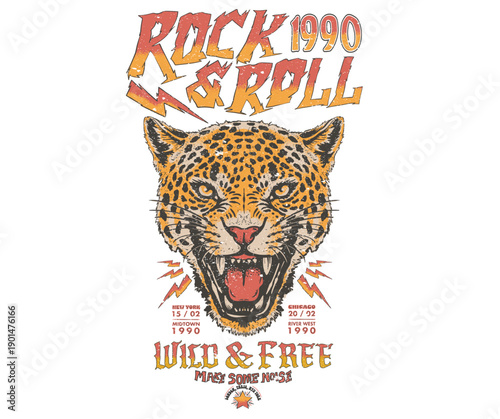 Wild and free artwork. Leopard face design. Animal rock and roll artwork for fashion and others. Make some noise. Rock and roll t shirt design. 