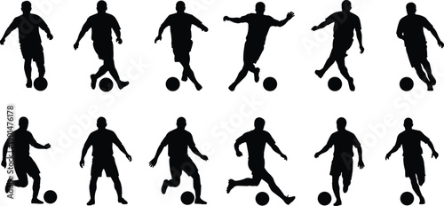 Black silhouettes of soccer players in various poses with balls football white background