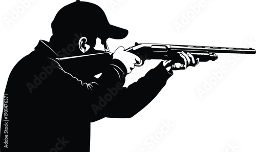 Black silhouette of man wearing cap aiming shotgun white background person