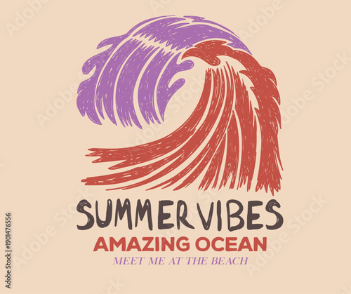 Amazing ocean artwork. Summer good vibes vector graphic design for apparel, stickers, posters, background and others. Surfing club artwork.