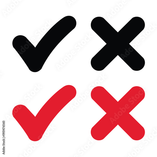 Set of four hand drawn check mark and cross symbols in black and red colors