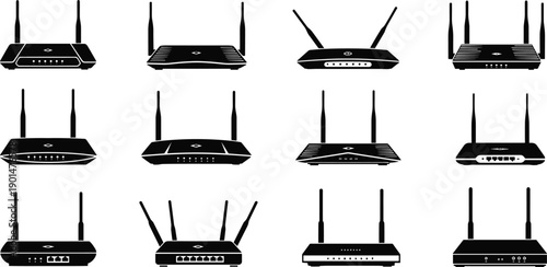 Black and white of various wireless routers with different antenna and configurations network devices