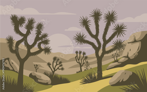 Minimalist flat vector illustration of a Joshua Tree–inspired high desert with twisting trees, rocky hills, soft clouds, and muted modern colors.