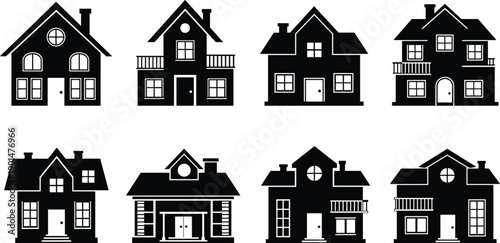 Black and white house silhouettes with various architectural details architecture building