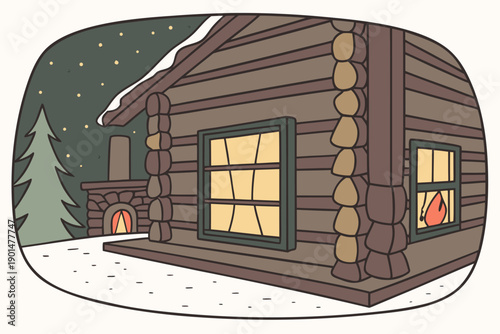 Cozy Log Cabin in Snowy Winter Night.