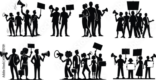 Diverse crowd silhouettes protesting with megaphones and signs demonstration people